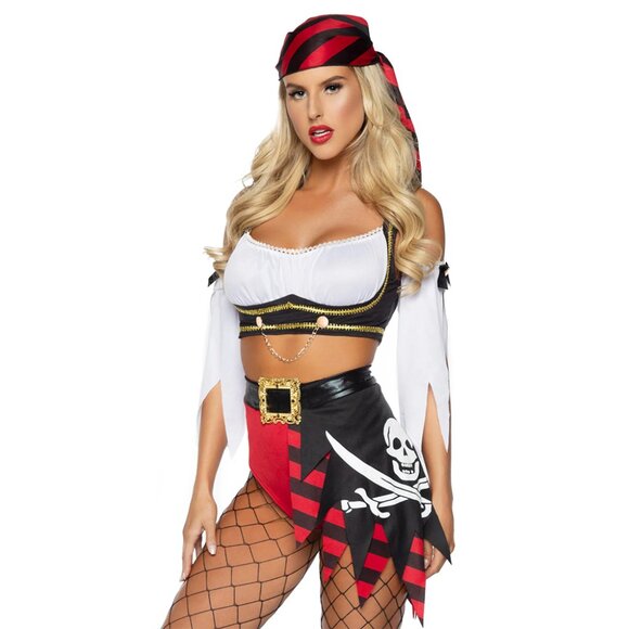 Wicked Wench Pirate Costume, Crop Peasant Top with Cheeky Shorts - Picture 1 of 2